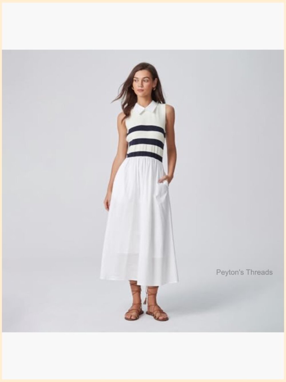 Sleeveless Striped Knit A-Line Midi Dress with Spread Collar - Picture 4 of 7